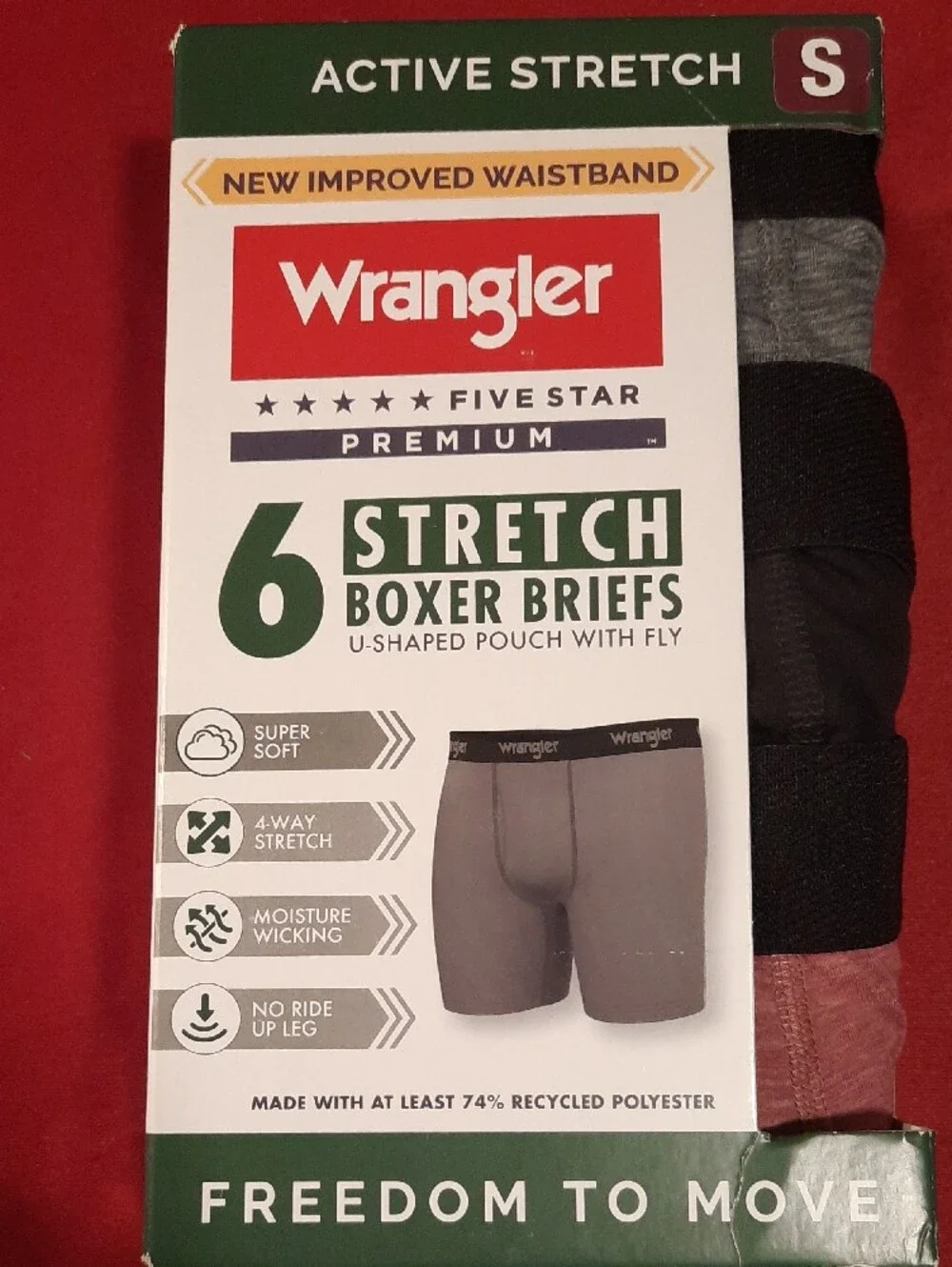 Wrangler 6-Pack Active Stretch Boxer Briefs - Gray, Black, Maroon